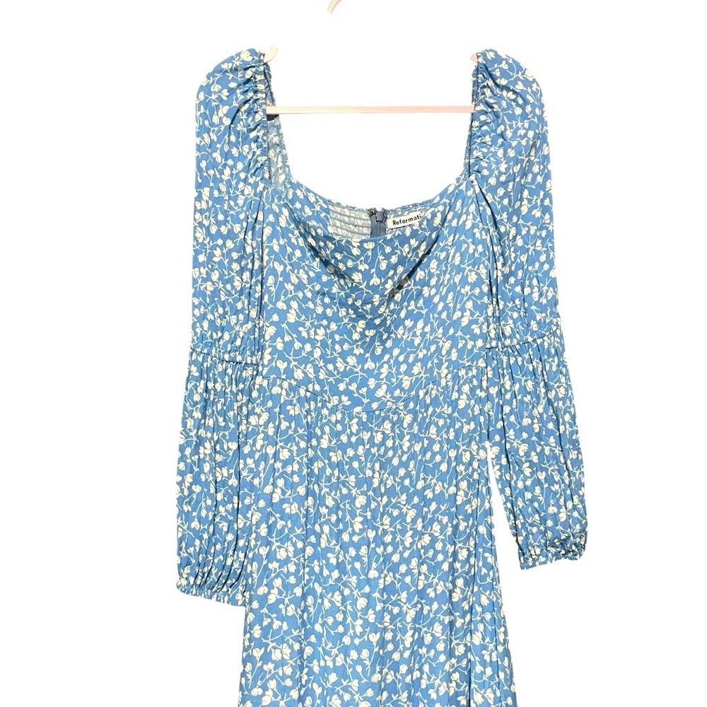 Reformation Mica Floral Print Midi Dress Long Sleeve Square Neck Blue 0 Feminine - Picture 10 of 10